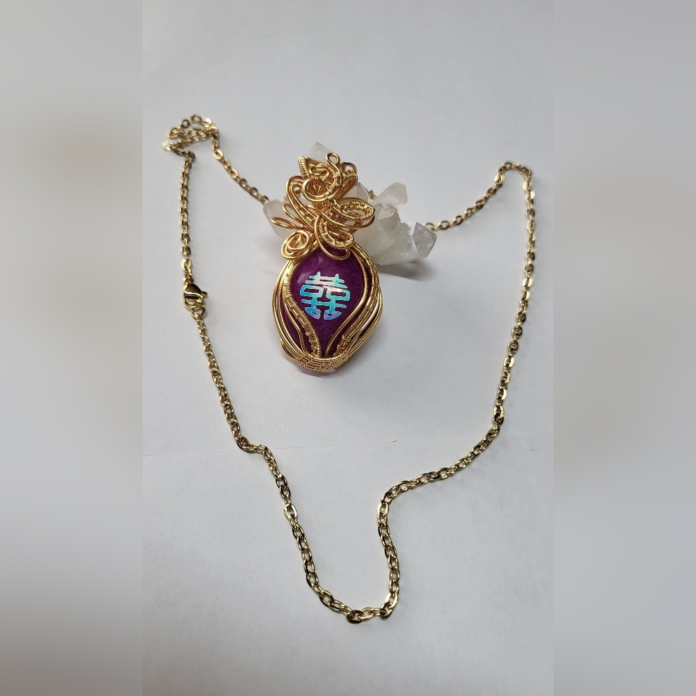 Dyed Natural Quartz with Double Happiness Symbol,Wire Wrapped,Pendant Necklace